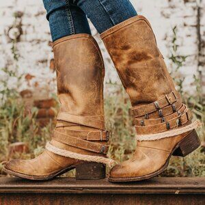 Freebird by Steven Drove Cowgirl BoHo Tan Distressed Leather Boots w/Buckles 8